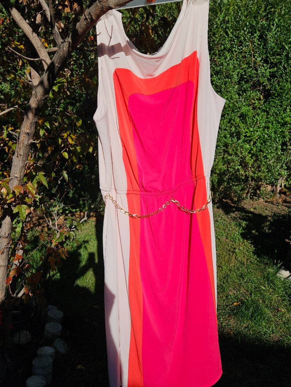 Roz & Ali dress in white, fuschia, and tangerine with gold-tone belt W22